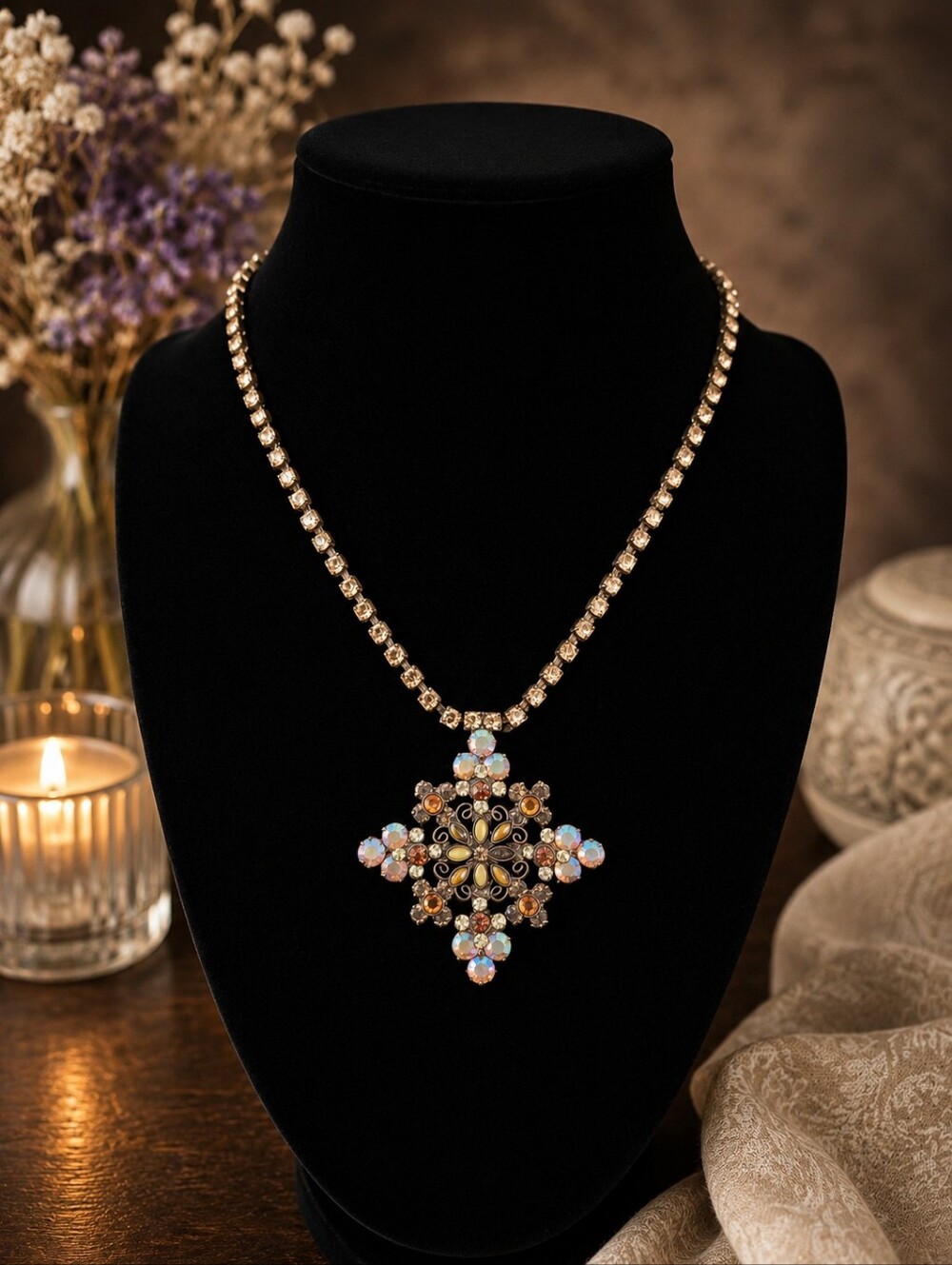 ✨ Vintage Sorrelli Amber & Iridescent Crystal Statement Necklace